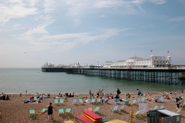 a large number of people on the beach near a pier