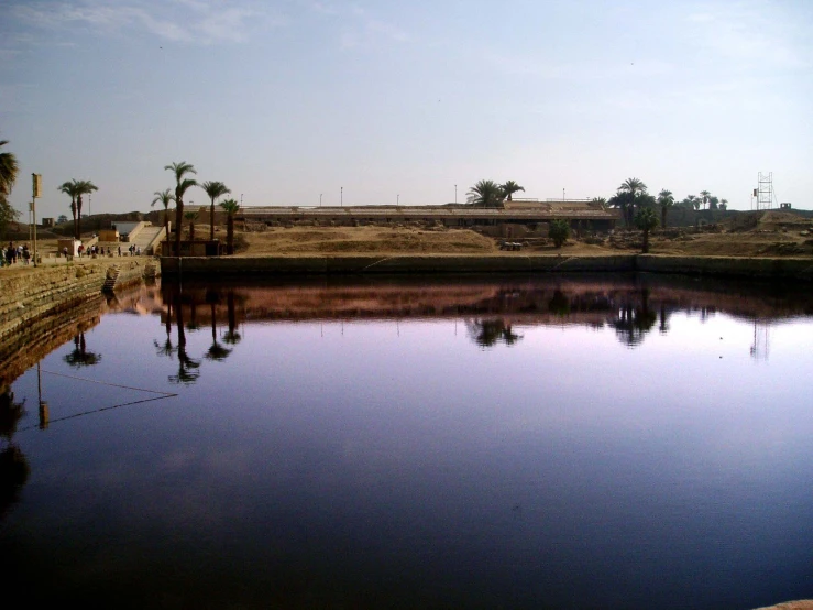 people are standing by a river near palm trees