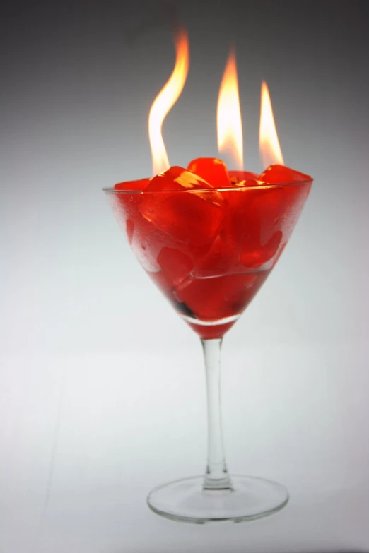 the lit candle is placed inside a wine glass