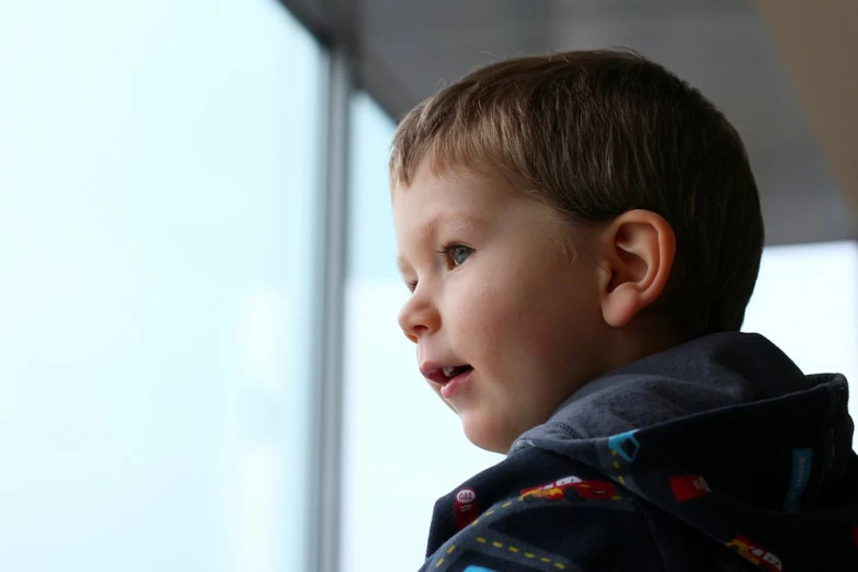 a young child in a sweatshirt stares out a window