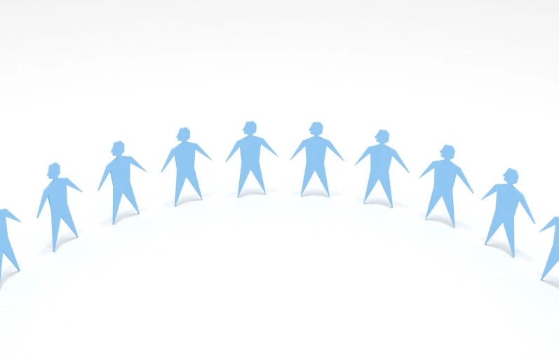 a group of paper people holding hands over a curved slope