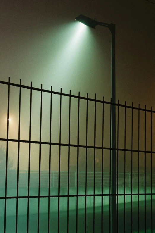 a street light is on a pole with the fog