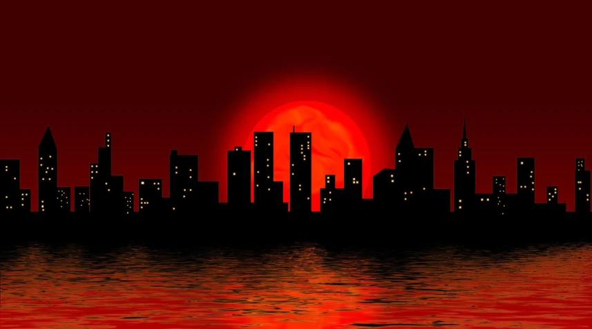 a skyline filled with tall buildings in front of a rising sun