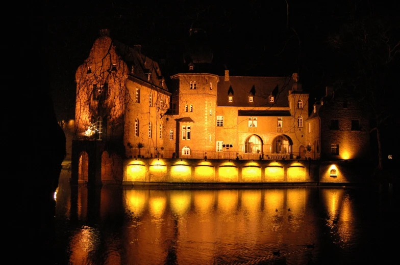 a picture of an old building lit up at night