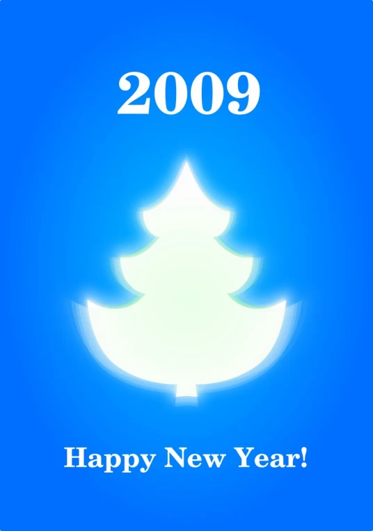 a white christmas tree on blue background with new year 2009 written below it