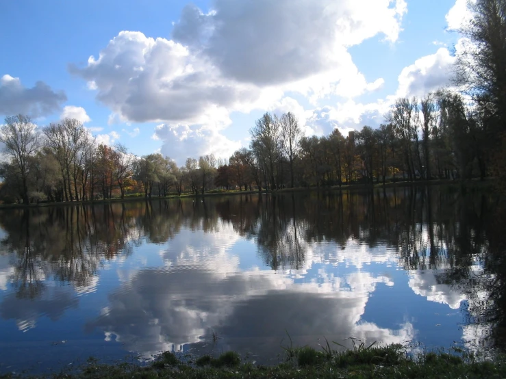 a beautiful day at the lake with trees on both sides