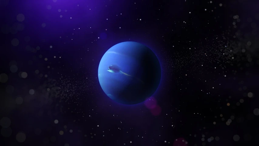 a space scene with the bright blue planet with a bright purple ring