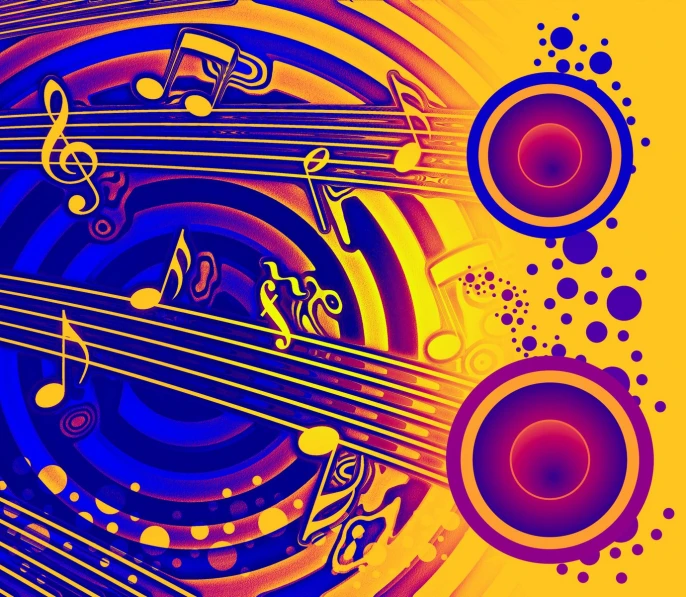 an artistic poster with musical notes on yellow and purple