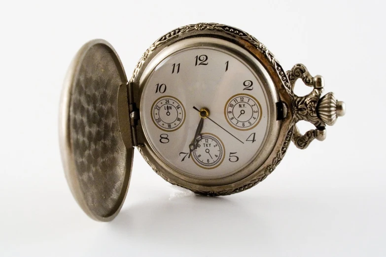 an old silver pocket watch with various time dials