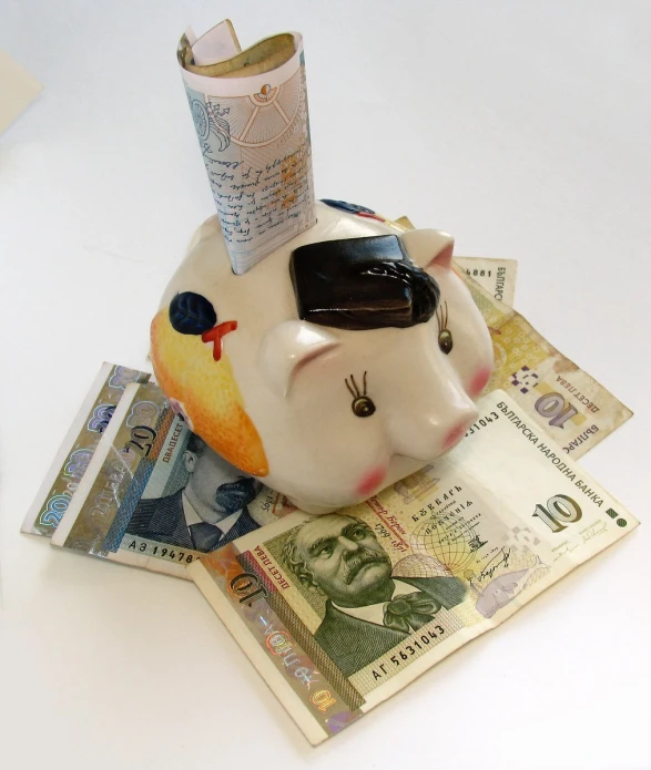 a piggy bank and money with sunglasses on it