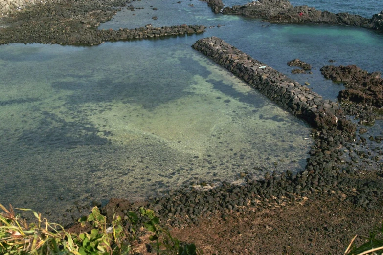 water surrounded by rocks and grass with vegetation around it