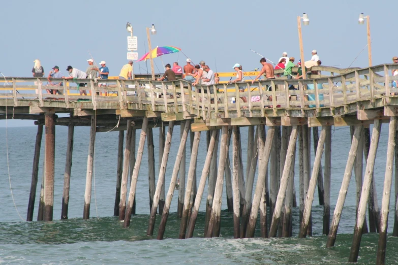 several people standing on top of a pier next to the ocean