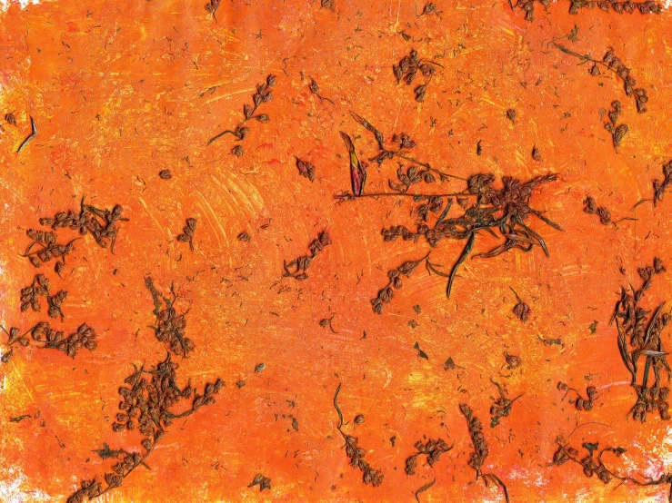 an orange abstract piece with brown and black designs