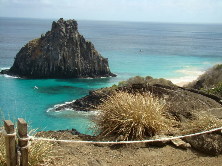 a roped off area near an ocean with several rocks and plants