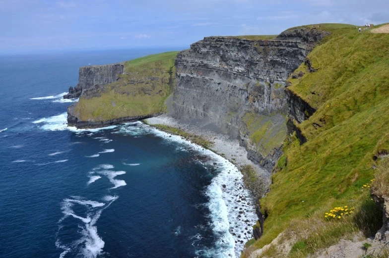 a beach in the middle of some cliffs next to water