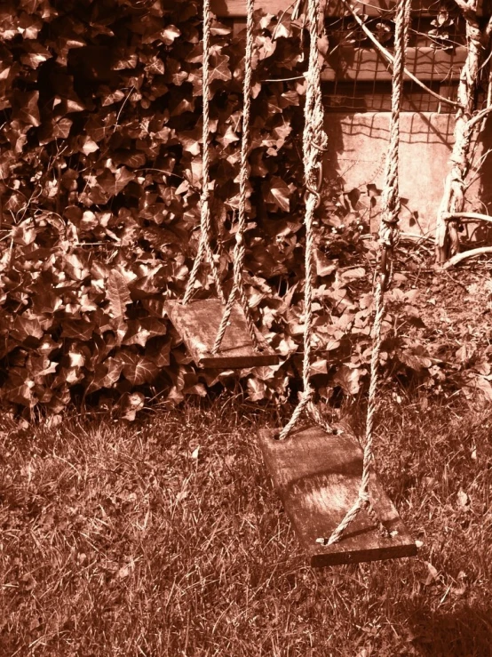 a wooden swing sitting on top of a lush green field