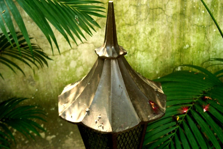 a lamp and green leaves are in front of a wall