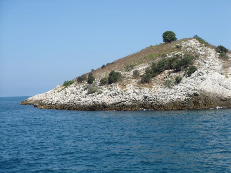 an island with vegetation and trees on top of it in the middle of the ocean