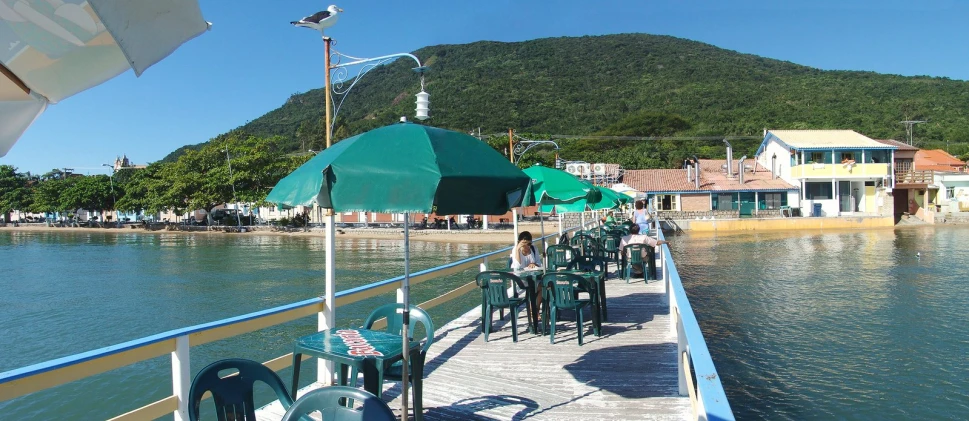 a group of chairs next to an umbrella