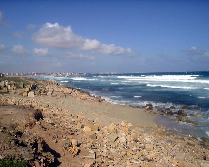 a rocky shore with large waves crashing on to the shore