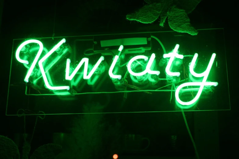a neon sign reads,'kwipataty ', on the corner of a building