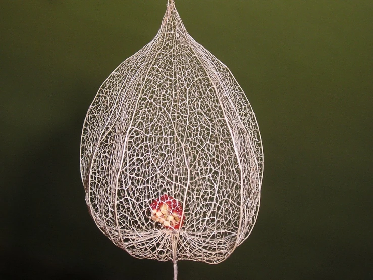 a wire sculpture of a single leaf on top of a green table