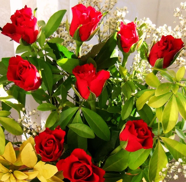 the bouquet of red roses is on a vase