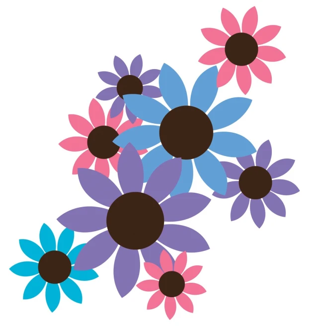 an abstract drawing of five small colored flower