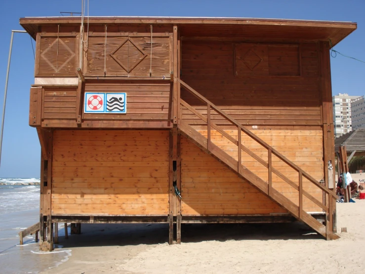 an outhouse next to the beach has two levels