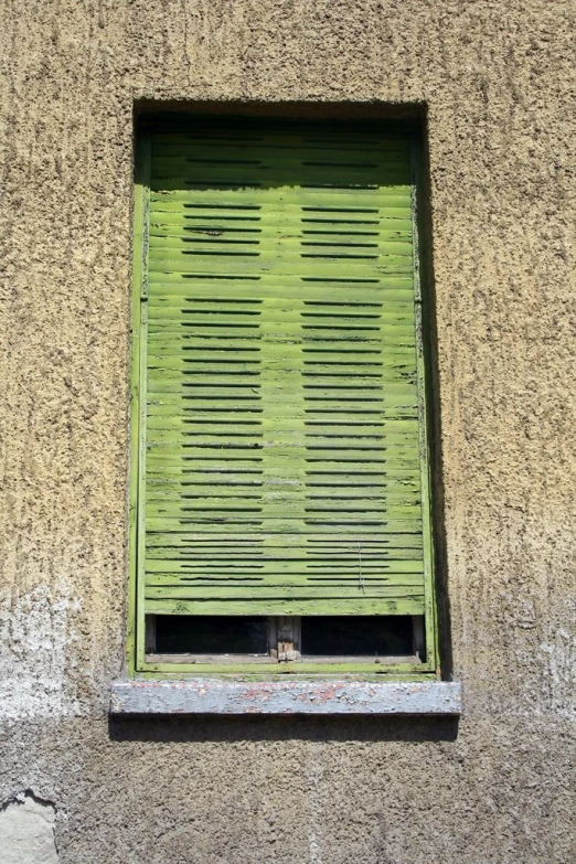 green window with bars and wood blind in front