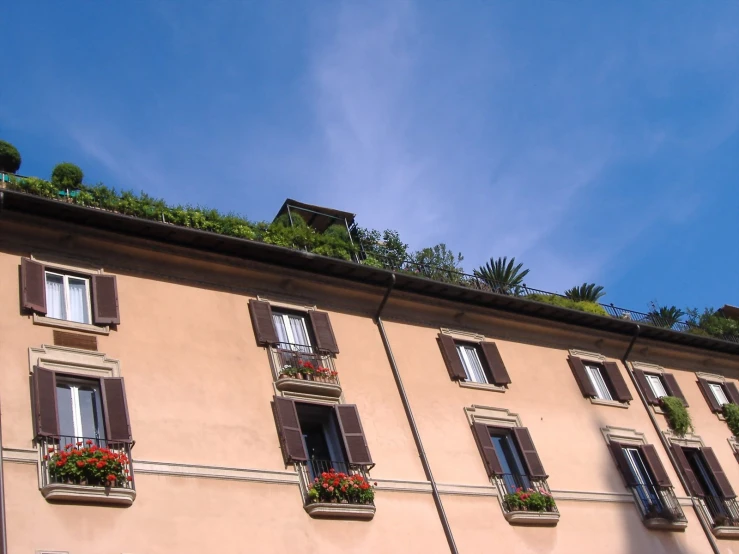 an apartment building has many windows and plants growing on them