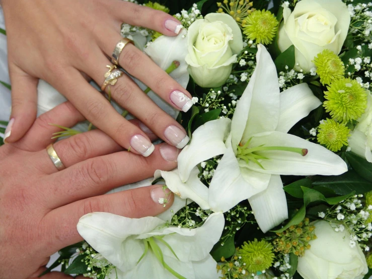 two brides hands with two wedding rings and white flowers