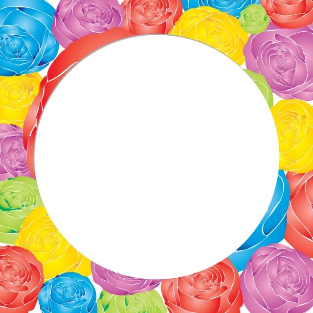 rainbow colored roses arranged in a round frame