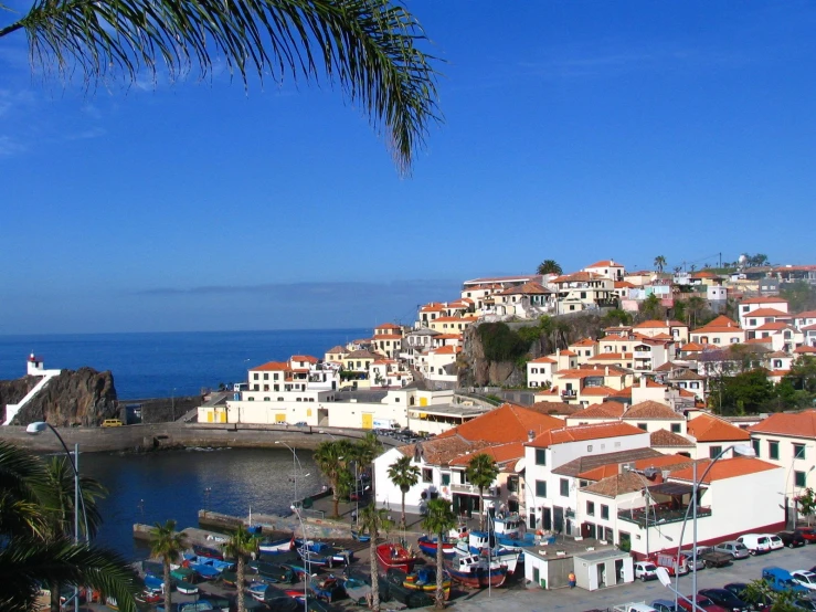 the coast of a village with a body of water in the distance