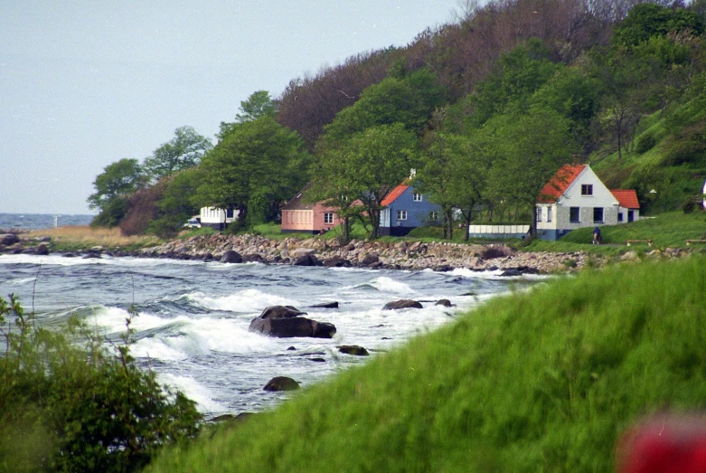 a row of houses overlooks a large body of water