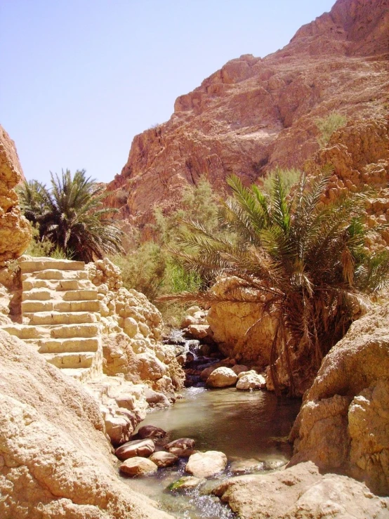 steps going down from some water near the mountains