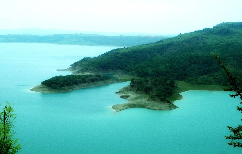 a large body of water sitting between some trees