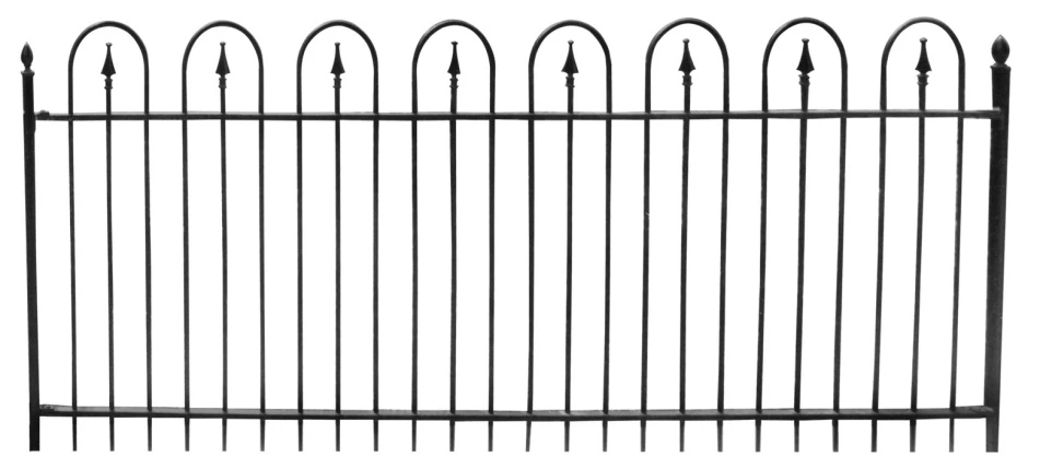 the black wrought fence is shown with an arrow design on top