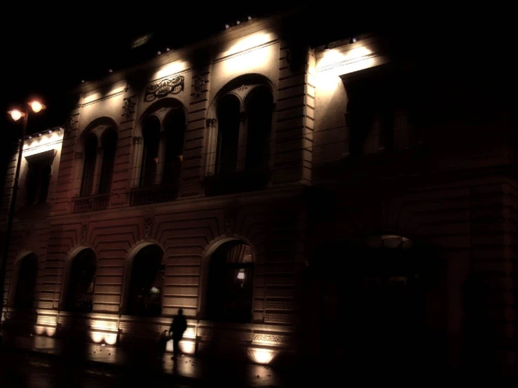 an elegant building illuminated by street lights with a dark street