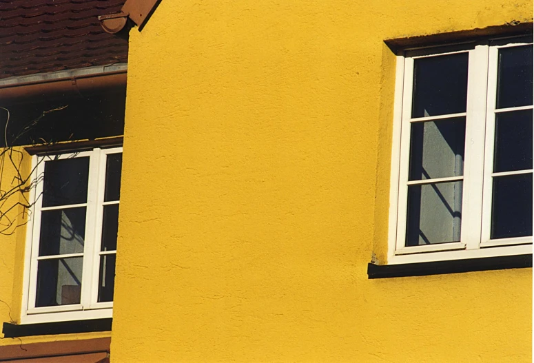 two windows are pictured on the side of a building