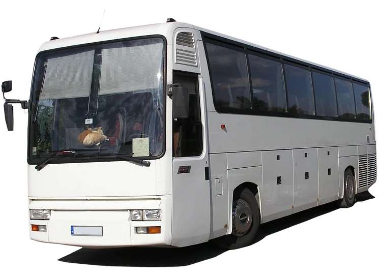 a bus is seen on a sunny day