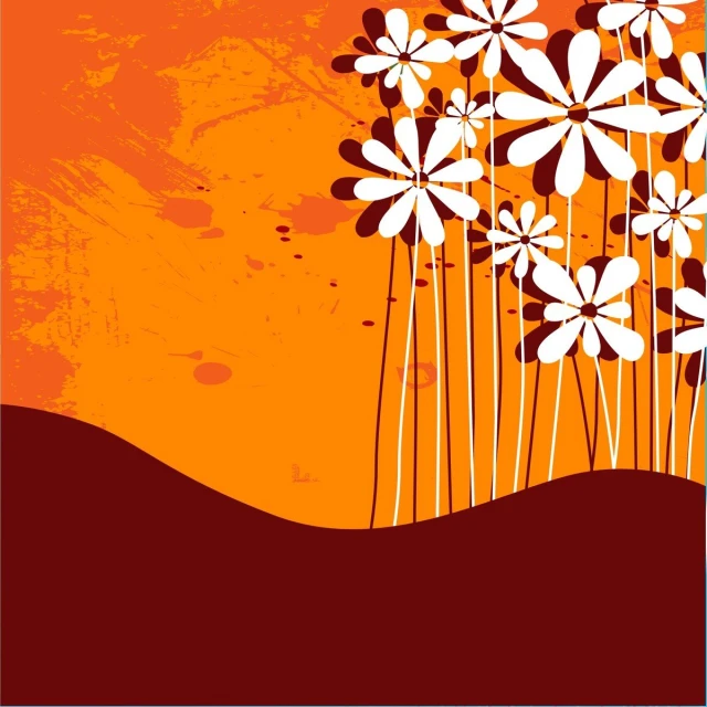 abstract painting with orange background and white flowers