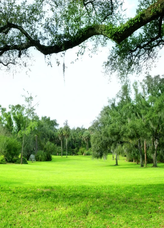 the view of trees and green grass from behind a big tree