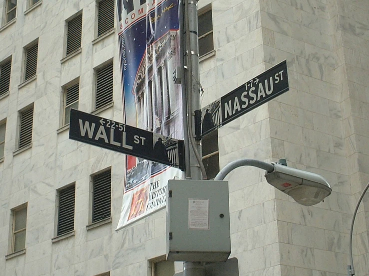 a close up of street signs in front of a tall building