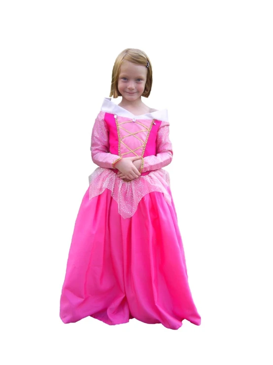 a child in a pink princess dress is standing on the ground