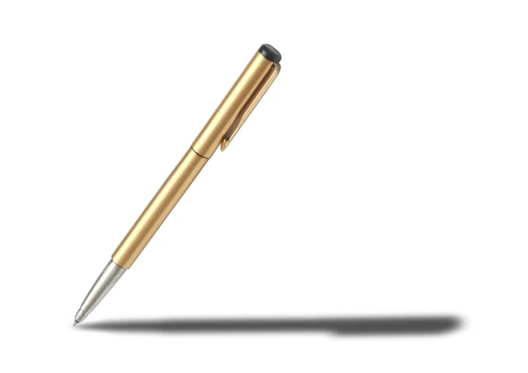 the pen with gold colored metal parts is on a white surface