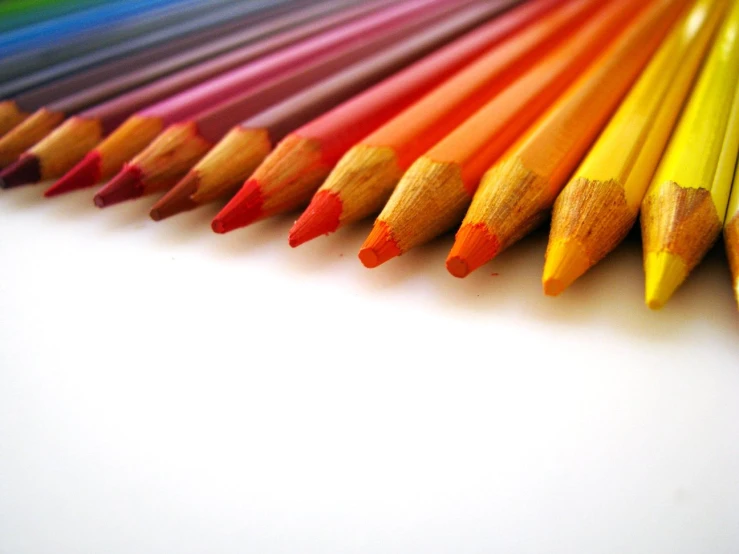 a row of colorful pencils on white paper