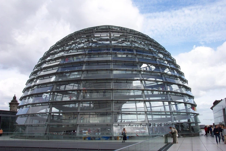 people walking near a large round building