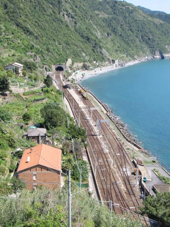 a train on tracks near the ocean next to a mountain