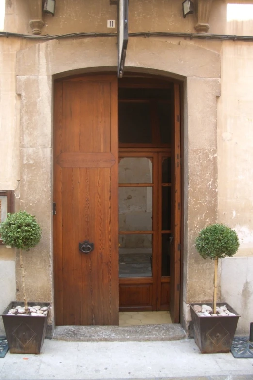 the front door of a stone building with two pots of plants